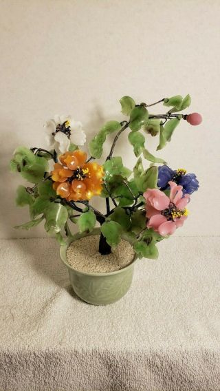 Vintage Asian Jade Glass Bonsai Tree Multi - Color 13 "