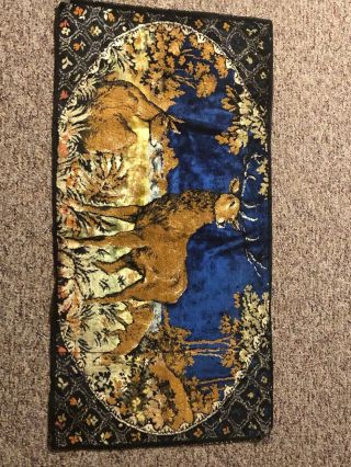 Vintage Made In Italy 20” X 38” Deer Stag Fawn Reindeers Tapestry Velvet Forest