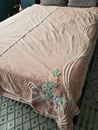 Vintage Chenille Full Twin Bedspread Rose Floral Flowers Scroll Coverlet Pink