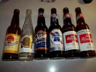 6 Old 12oz.  Beer Bottles - Point,  Pabst,  Old Milwaukee,  Buckhorn,  Braumeister