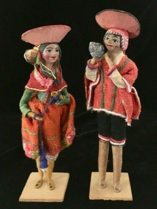 Vintage Peruvian Folk Art Handmade Folk Art Dolls - - 9 ¼ In.  High.  Man And Wife.