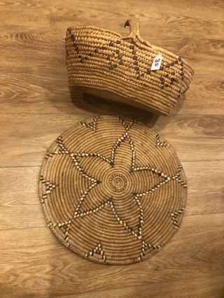 Authentic Old Vintage Native Indian Hand Woven Shopping Basket And Lid