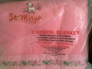 Vintage St Marys Empress Blanket,  Pink Embroidered Satin Edge,  Twin,  Full,  Nos