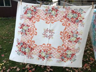 Vintage 50s Tablecloth 52x43 Peach Bows Red/blue Floral Fabric Sleeve Full Desig