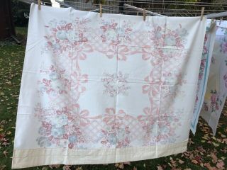 Vintage 50s Tablecloth 52x43 Peach Bows Red/Blue Floral Fabric Sleeve Full Desig 2