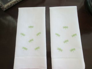 2 Vintage Embroidered Guest Hand Towels Dragonflies Design On Ramie,  Cotton