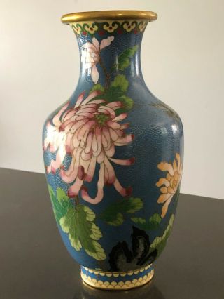 Vintage Chinese Cloisonne Enamel Blue Floral Vase