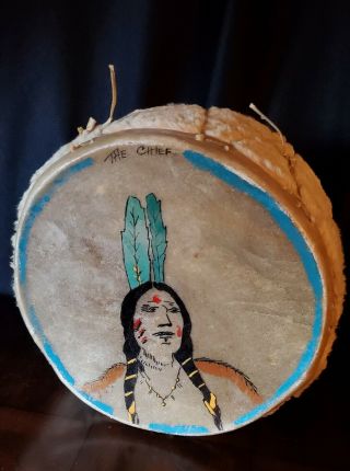 Vintage Signed Native American Handmade Rawhide Fur Drum