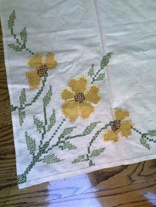Vintage 50” Square Hand Cross Stitched Embroidered Tablecloth Yellow Flowers