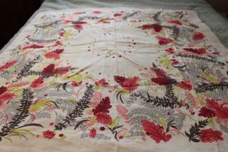 Vintage Linen Tablecloth W/ Pink And Red Tropical Flowers Gray Trim 49 X 52