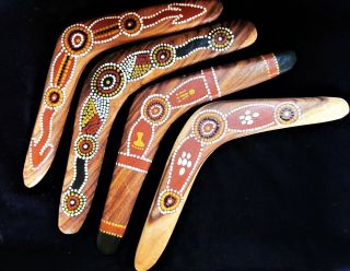 4 Vintage Australian Aborigine Wiradjuri Tribe Hand Painted Wooden Boomerangs