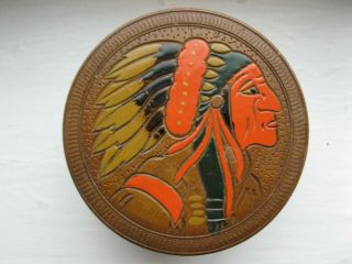 Vintage Native American Indian Image Round Wood Trinket Box Japan Stunning
