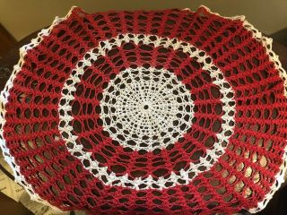 Vintage Christmas Laege Crocheted Doily Red And White 23 Inch Diameter