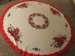 Vintage Round Christmas Tablecloth Red White Poinsettia 66” Round