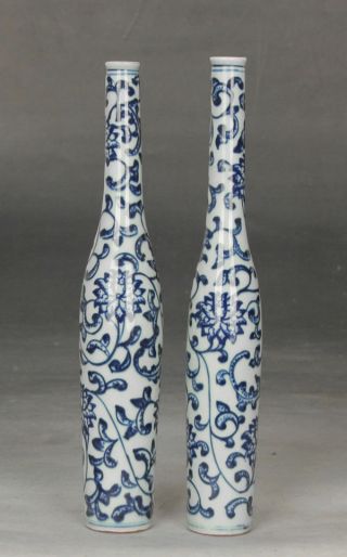 One Pair Fine Chinese Blue And White Porcelain Vase Painting Flowers