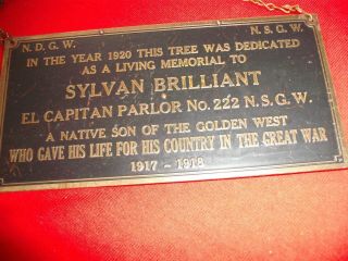 Rare Ww1 Memorial Plaque To Kia From Native Sons Of The Golden West