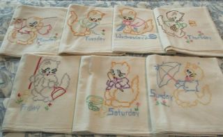 Vintage Tea Towels Days Of The Week Embroidered Cats Kittens Set (7)