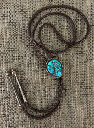 Vintage Navajo Artisan Signed Bennett Sterling Silver & Turquoise Bolo Tie