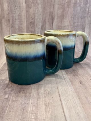 2 Rodolfo Padilla Coffee Mugs Green Blue Cream Drip Glaze Pottery Stoneware