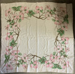 Vintage Linen Cherry Blossom Floral Printed Square Tablecloth Mcm 48”x 50”