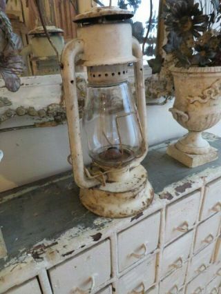 Fabulous Old Vintage Chippy White Painted Lantern Metal & Glass Great Patina