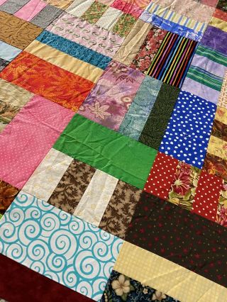BRIGHT COLORFUL Vintage Handmade Scrappy Roman Stripes Patchwork Quilt Top 342 3