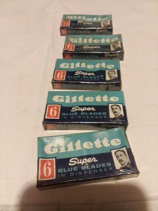 5 Packs Of Vintage 6 Gillette Blue Blades In Dispenser Packages
