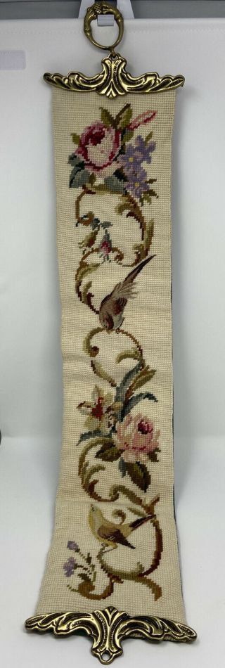 Vintage 32” Petit Point Needlepoint Bell Pull Brass Ends Birds Roses Flowers