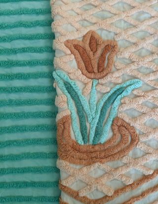 2 Pc.  Minty Green And Peach Floral Vintage Chenille Bedspread Fabric,  Exc Cond.