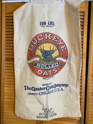 Vintage Buckeye Rolled Oats Quaker Company 100 Pound Sack Bag Advertising Deer