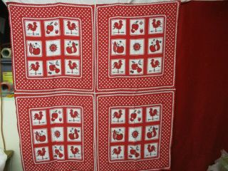 Vintage Cotton Tablecloth Red Black White W/ Rickrack Roosters Fruits Vegetables