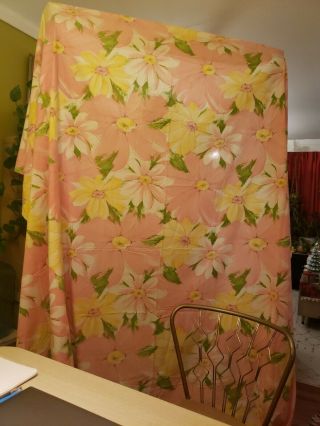 Vintage Cannon Royal Family King Size Flat Sheet Pink Yellow Green Flower Power