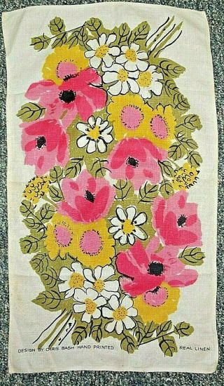 Vintage Chris Bash 1960 Mid - Century Modern Linen Tea Towel Kitchen Flower Garden