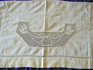 Vintage White Linen Dresser Scarf Table Runner Crocheted Lace & Embroidery Long