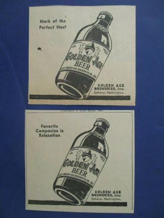 Two 1946 Golden Age Beer Newspaper Ads Spokane Washington Brewery
