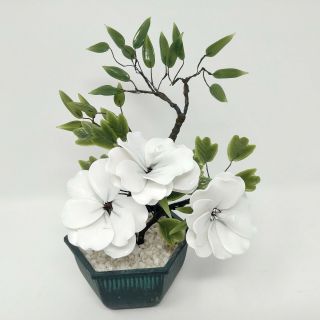 Vintage Chinese Carved Jade Hardstone Precious Bonsai White Flowers 8 " Tree.