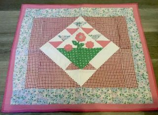 Patchwork Quilt Wall Hanging,  Basket With Appliquéd Flowers,  Pink,  Green,  White
