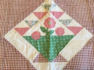 Patchwork Quilt Wall Hanging,  Basket With Appliquéd Flowers,  Pink,  Green,  White 2