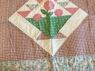 Patchwork Quilt Wall Hanging,  Basket With Appliquéd Flowers,  Pink,  Green,  White 3