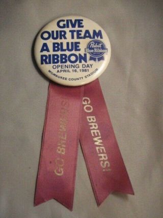 Vintage Pabst Blue Ribbon Beer Pin 1981 Opening Day Go Brewers Baseball Milw Usa