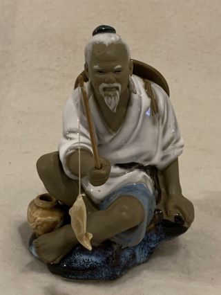 Shiwan Chinese Mud Man Fisherman 5 " Figurine Fishing Pole W/ Ceramic Fish Mudman