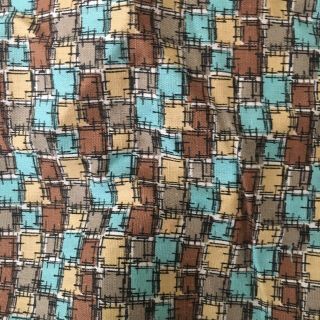 2 Yds Vtg 50s 60s Aqua Tan Brown Mini Check 34” W Selvages Intact Cot Fabric