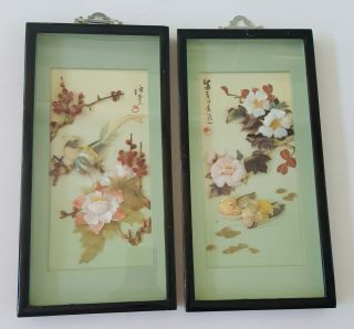 2 Vintage Asian Carved Shell Art Mother - Of - Pearl 3d Shadow Box,  Birds & Flowers