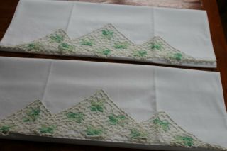 Vintage White Cotton Pillowcases 21x36 Green And White Hand Crocheted Inserts