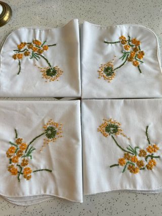 Vintage: Set Of 4 Hand Embroidered Cloth Napkins - Orange / Green Floral Pattern