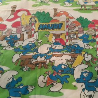 80s Vintage Peyo Smurfs Twin Fitted Sheet Poly/cotton Blend Fabric