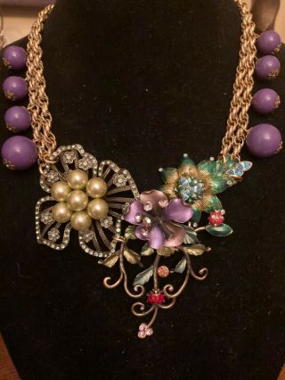 Vintage Enamel Flower Trio Statement Necklace - A Repurposed - 1 Of A Kind