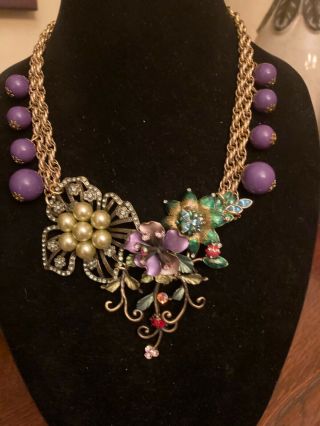 Vintage Enamel Flower Trio Statement Necklace - A Repurposed - 1 of a Kind 3