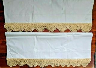 Vintage Pillow Cases,  Yellow With Yellow Crochet Ruffle Edging - 21 " X 30 "