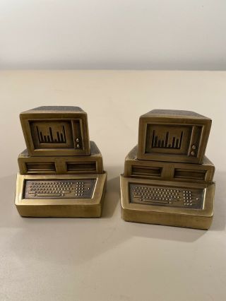 Vintage Pm Craftsman Brass Computer Bookends 3lbs Each Desktop Computer.  Rare